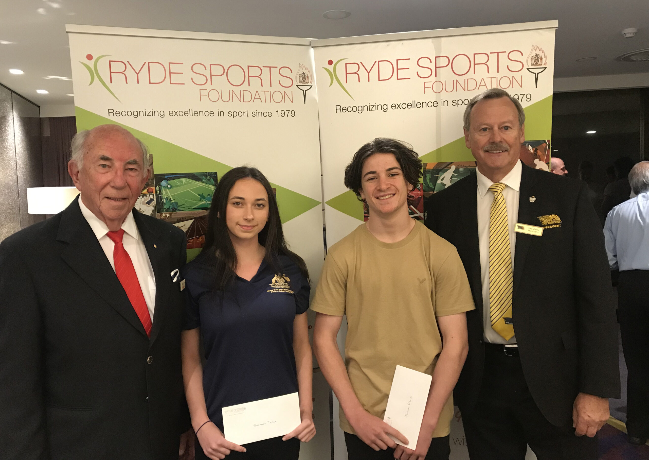 Jim, Sharnae, Josh & Jim cropped Jim Hull (Ryde Sports Foundation President) with Sharnae Thiele, Josh Arcus & Jim Morris (North Ryde RSL President)