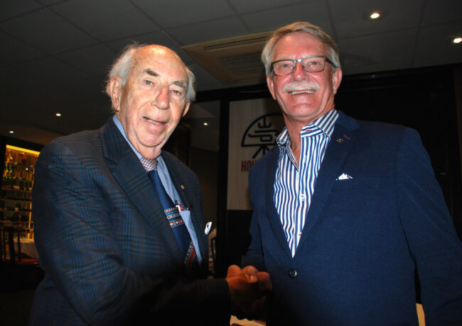 Jim Hull Rob Wilkinson AGM 2020 Photo of Jim Hull OAM congratulating Rob Wilkinson at the 2020 AGM